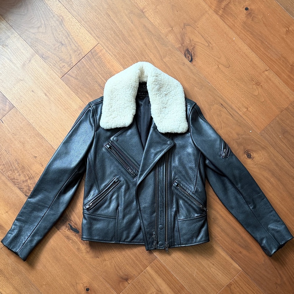 VINTAGE / one-of-a-kind Rag + Bone Leather Jacket w Shearling Collar / US 2